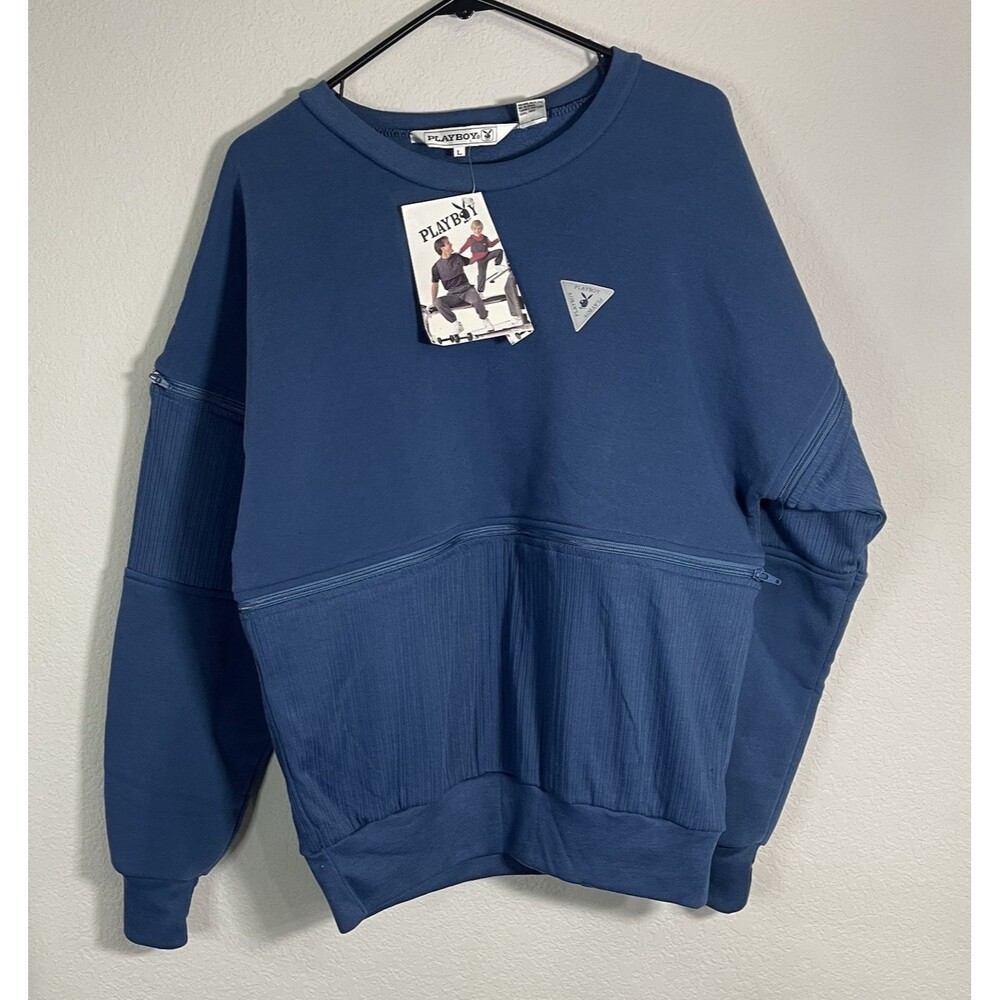 Vintage Playboy 90s Zip Off Crewneck Sweatshirt Mens Large Blue Pullover Retro